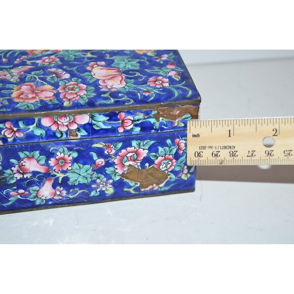 Vtg Chinese Enamel Brass Trinket Box Damaged Blue floral flaws - Picture 11 of 15